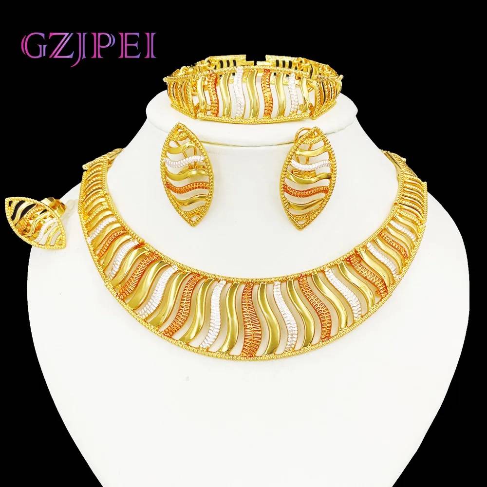 18k Gold African Jewelry Set Necklace Earring Bracelet Ring Set Tarnish Free Yellow Gold Jewelry Set