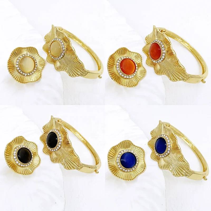 18K Gold Plated Bangle Ring Set Luxury Colored Stone Bracelet African Nigeria Fashion Jewelry Ensemble De Bijoux En or Congo